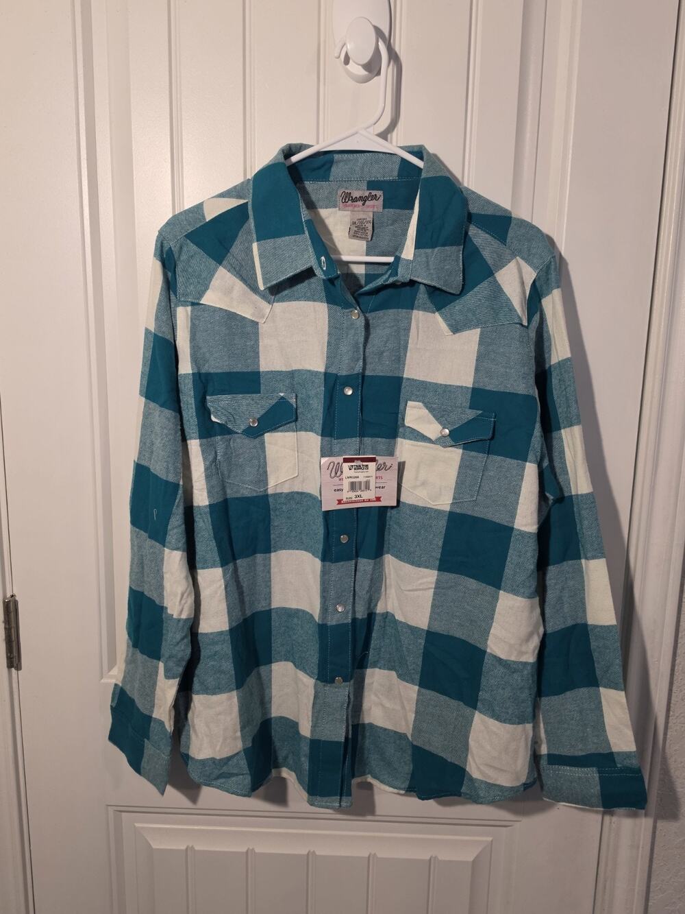 Wrangler Womens 3XL Western Pearl Snap Shirt Teal White Buffalo Plaid NWT